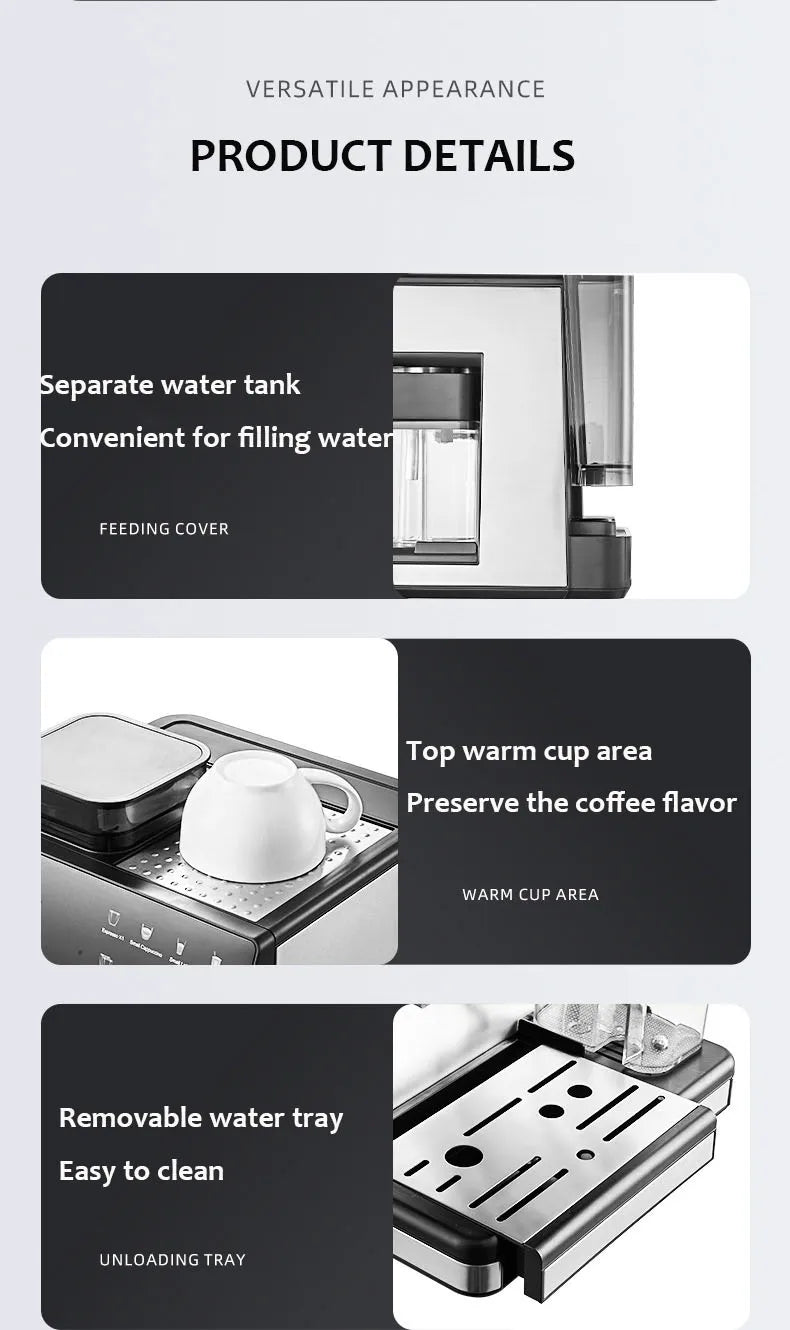 Black stainless steel espresso machine with separate water tank, cup warmer, and removable drip tray.