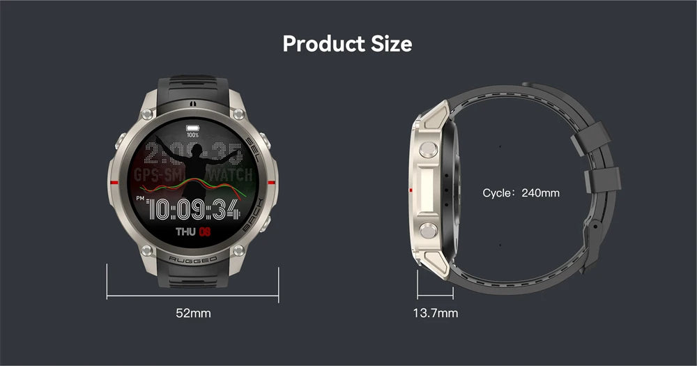 New Rugged GPS Sport Smartwatch 1.43" AMOLED Screen 5ATM Waterproof Offline Map Compass 500mAh Smart Watch for Men Android iOS