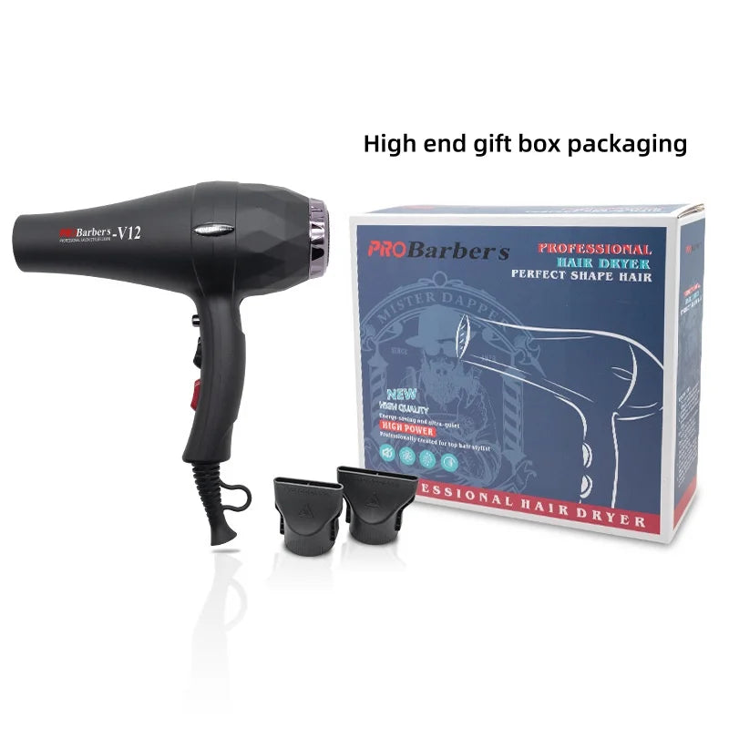Black 2600W professional salon hair dryer with two nozzles and premium gift box for fast, powerful styling.