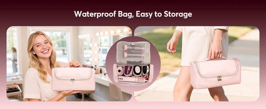 Woman carrying a pink 5-in-1 hot air styler set with attachments in a portable, waterproof travel organizer bag.