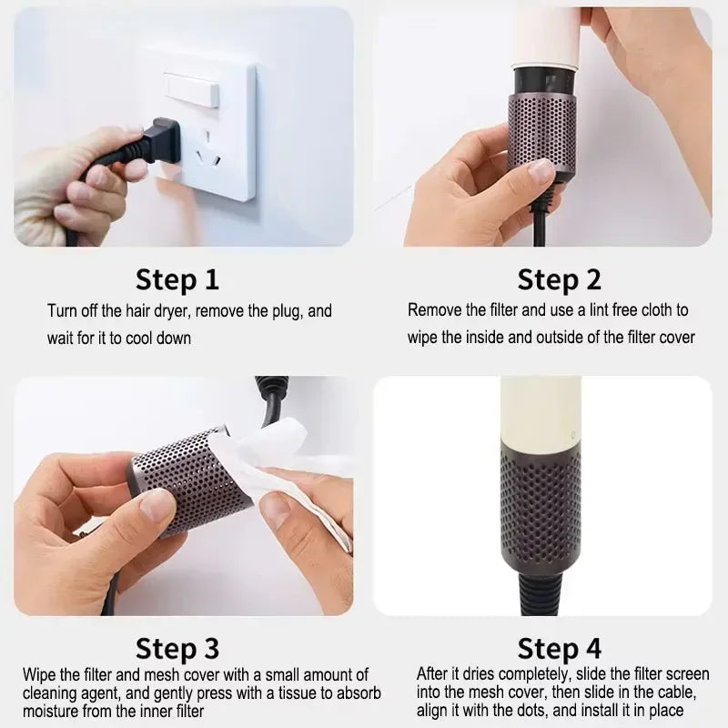 Instructional guide for cleaning the filter on a 1400W fast-drying, lightweight hair dryer with metallic mesh cover.