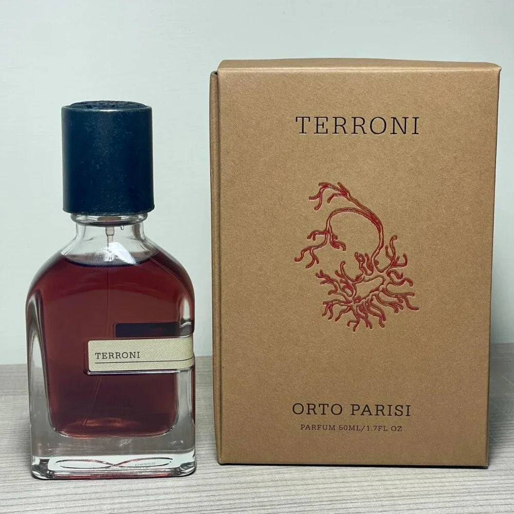 Orto Parisi Terroni unisex parfum 50ml. Square glass bottle, oriental woody scent with amber, musk, and earthy notes.