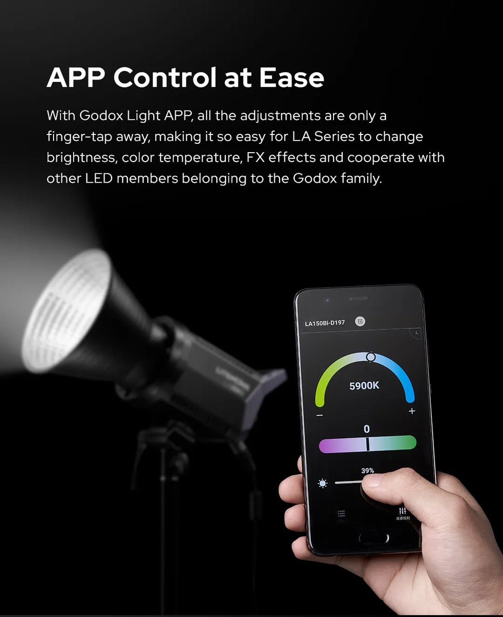 Black LA Series LED studio light controlled by a smartphone app displaying brightness and color temperature settings.