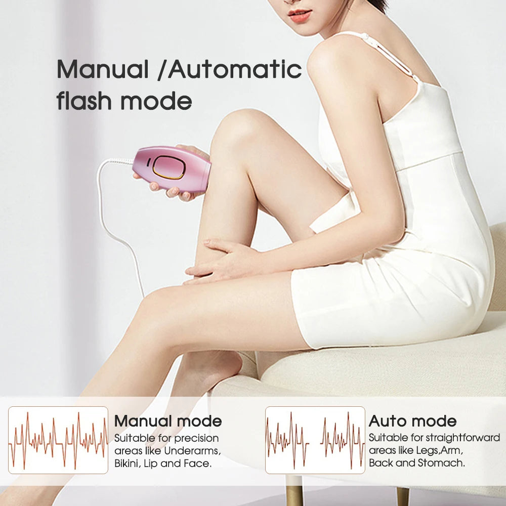 Pink IPL laser hair removal device for painless home use with manual and automatic flash modes for legs and body.