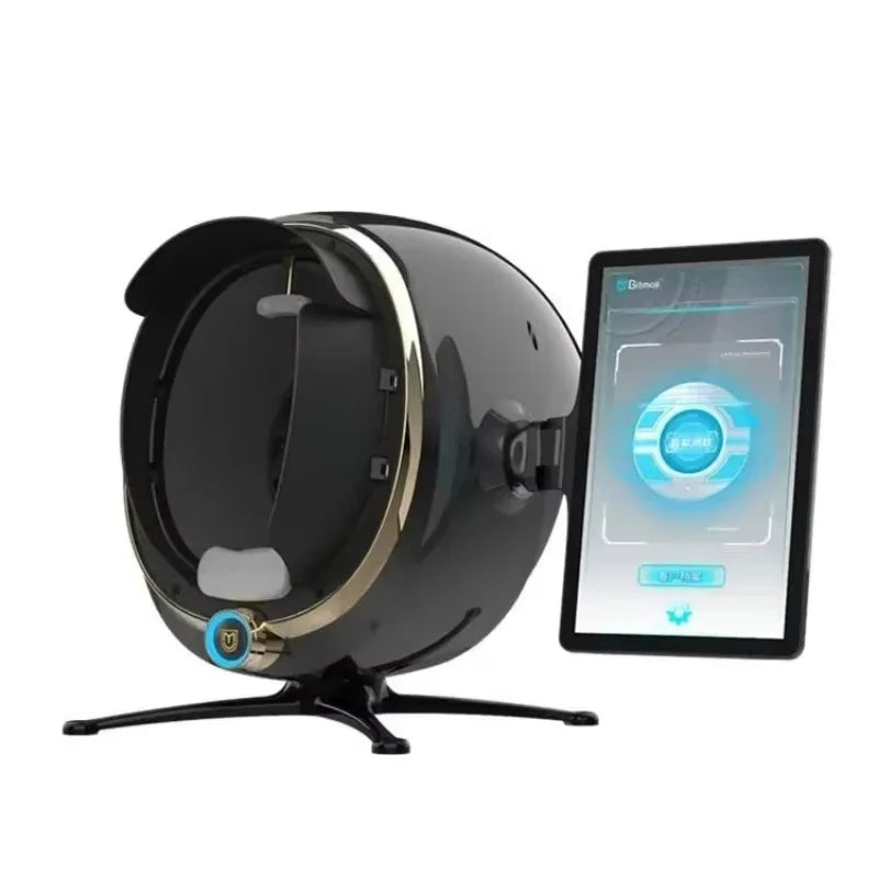 Black facial skin analysis scanner with a gold-rimmed hood, tripod stand, and attached digital touch screen tablet.