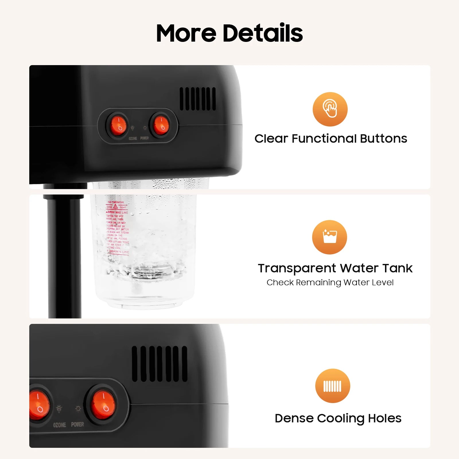 Facial steamer details: black control panel with power buttons, 750ml transparent water tank, and cooling vent holes.