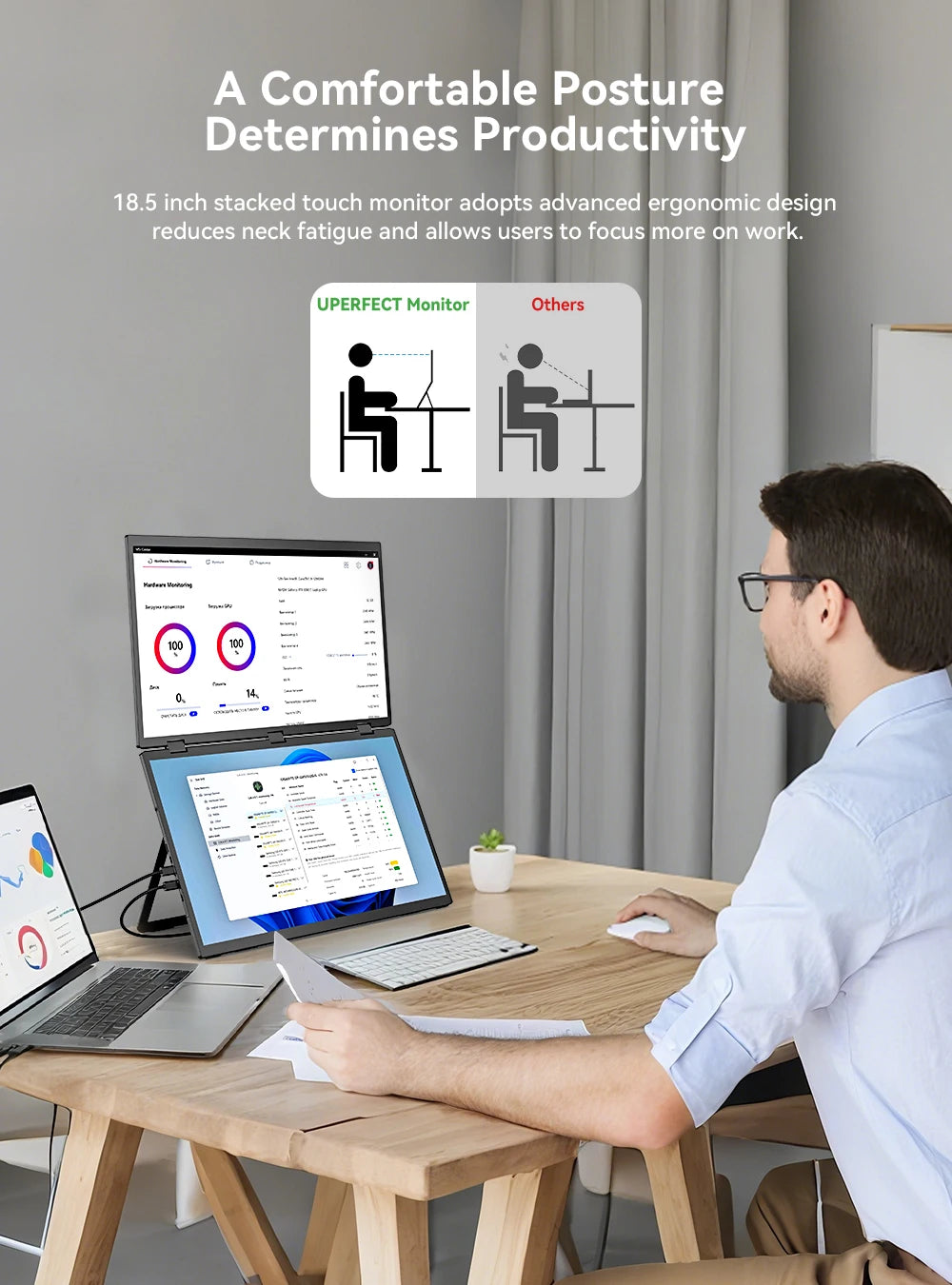UPERFECT Delta Max Touch 18.5" 100Hz Stacked Monitor Laptop Touchscreen Folding Dual Mobile Computer Display W/ USB C Mini HDMI