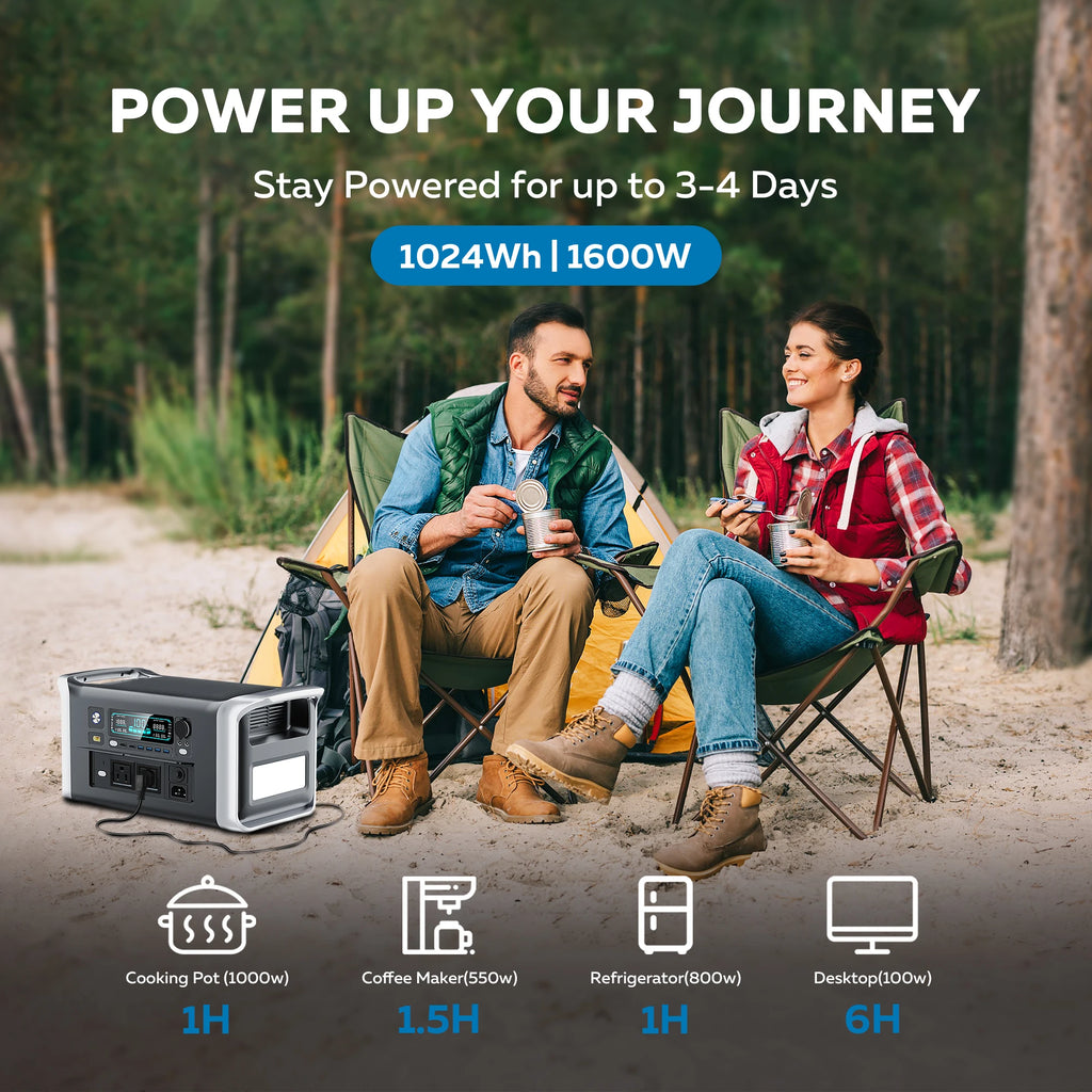 CTOLITY Camping Portable Power Station 1024Wh Lifepo4 Pure Sinve Wave Solar Generator Outdoor 220V 110V AC Outlets Garden Party
