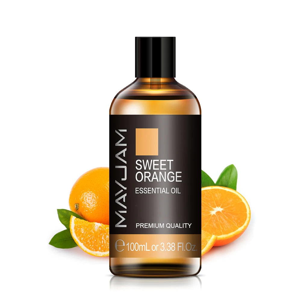 100ml sweet orange essential oil bottle with black cap and amber label for diffusers.