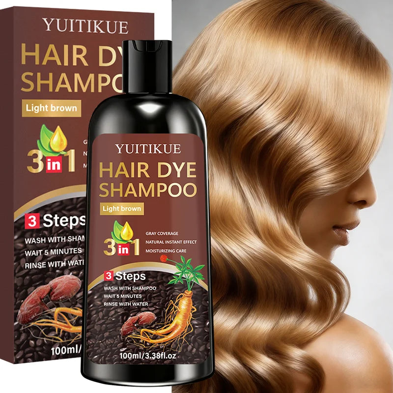 YUITIKUE Light Brown Hair Dye Shampoo 100ml - 3-in-1 Gray Coverage Natural Instant Hair Color Shampoo