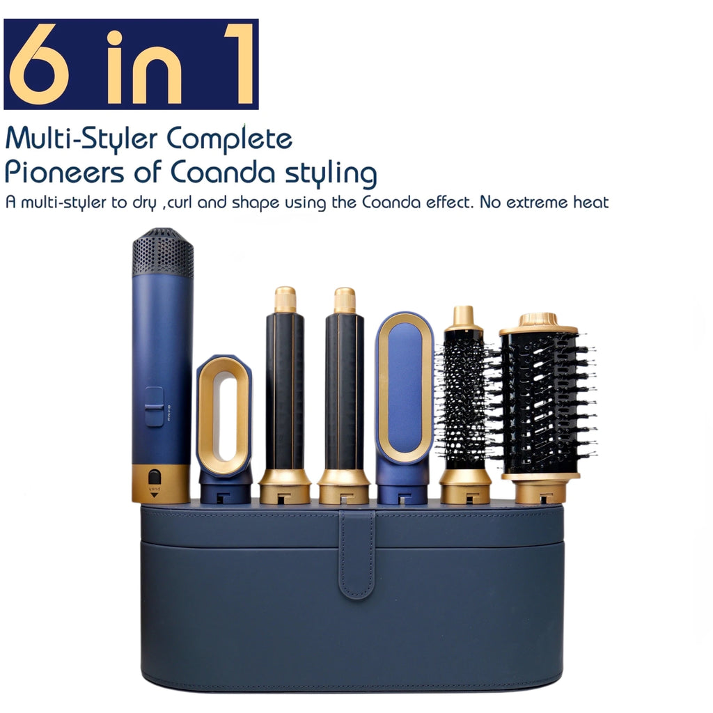 Blue and gold 6-in-1 hair dryer and multi-styler set with curling barrels, brushes, and a premium storage case.