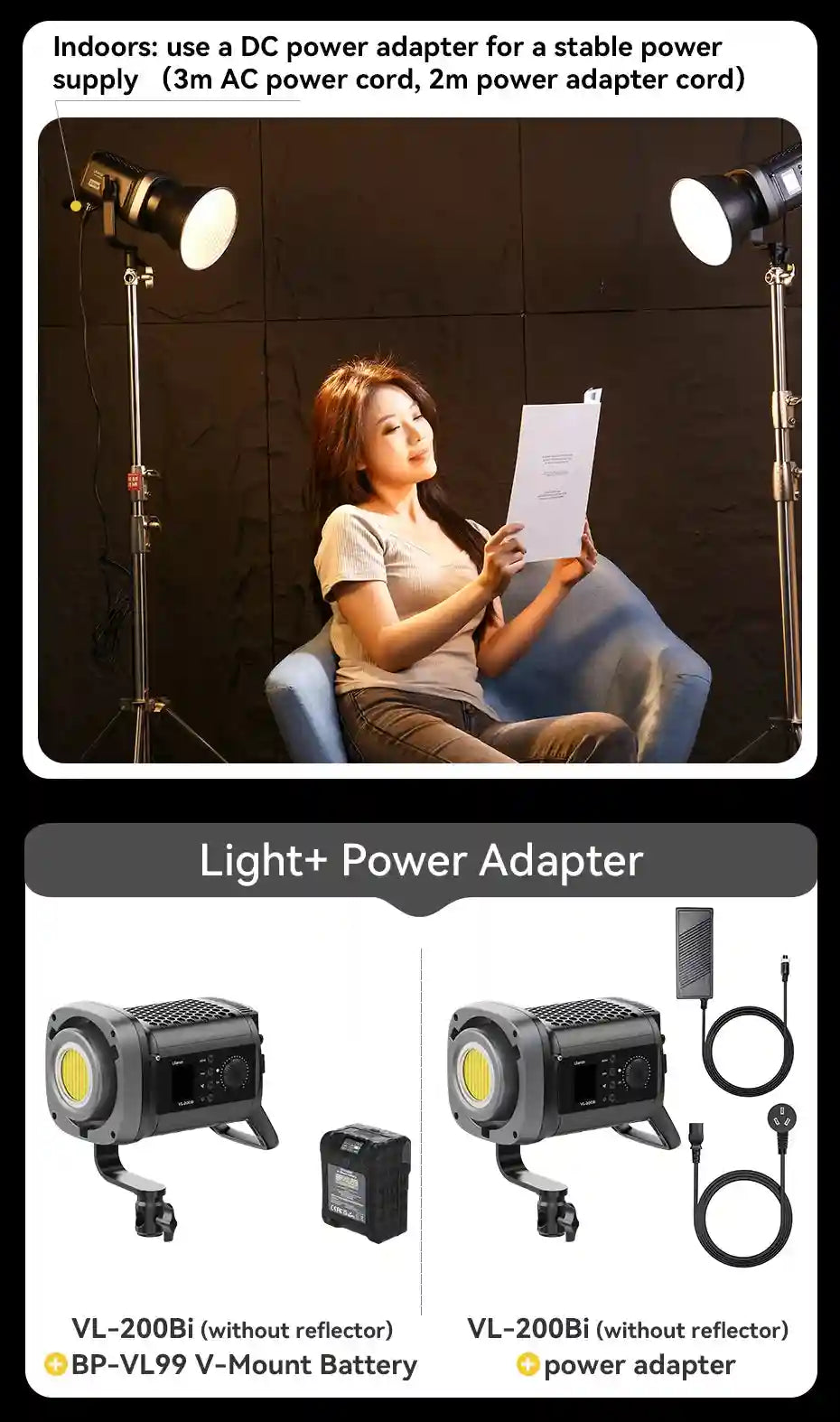 VL-200Bi LED studio light, compact grey housing, shown with V-mount battery or DC power adapter for indoor video