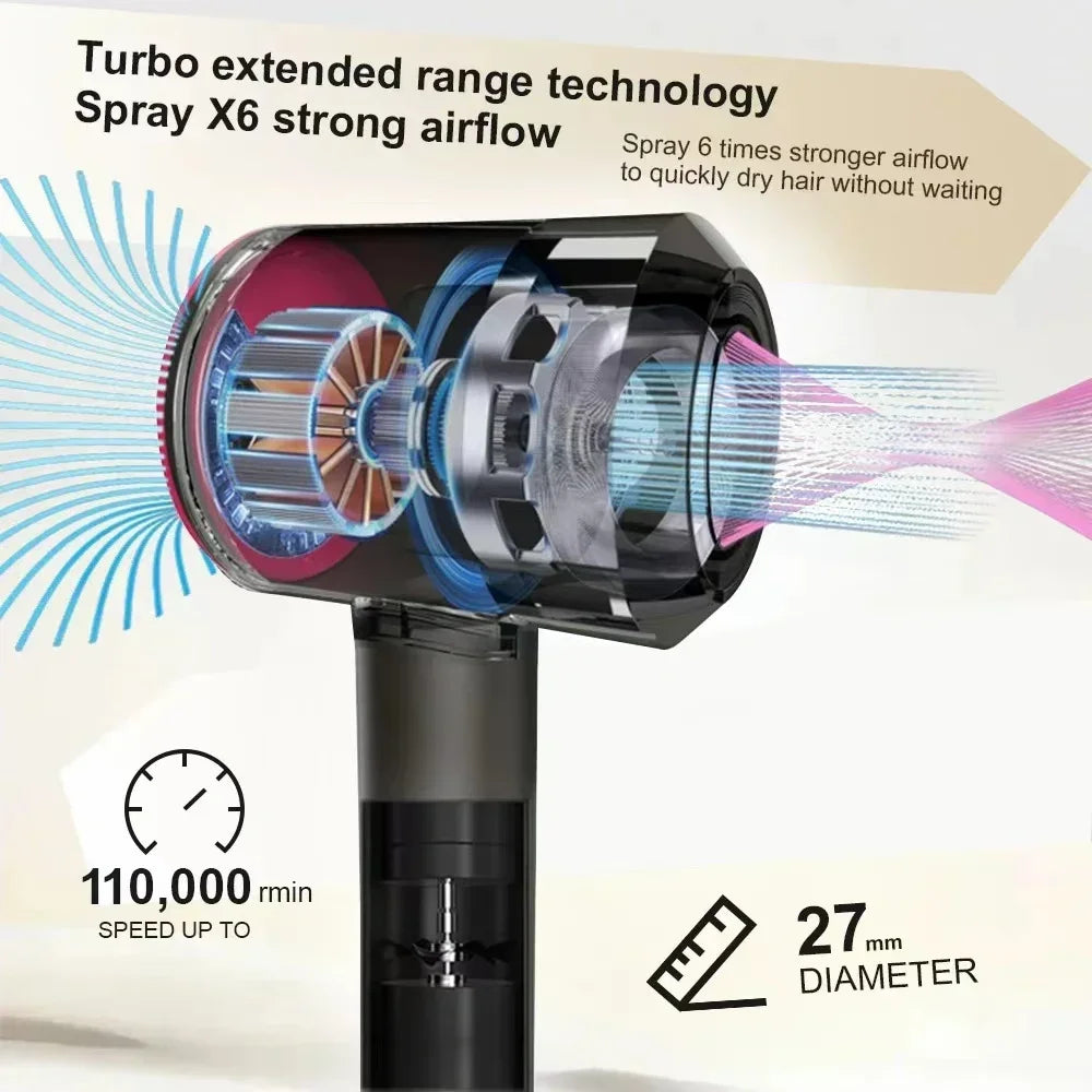High-speed black negative ion hair dryer featuring bladeless turbo motor technology for silent, professional quick drying.