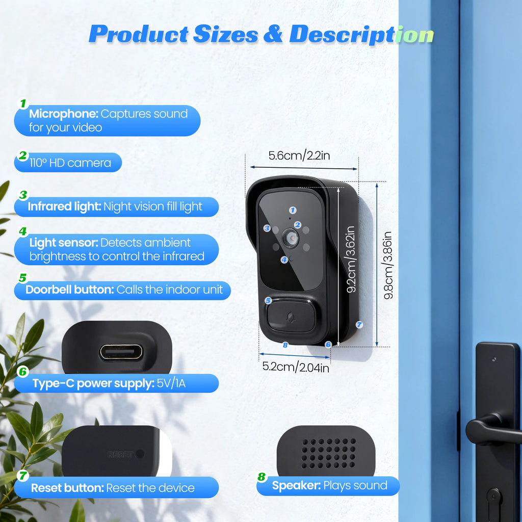 Outdoor Wireless Doorbell With Camera IP65 Waterproof 1080P HD 4.3" Screen 2.4G Video Doorbell Two-Way Audio Night Vision