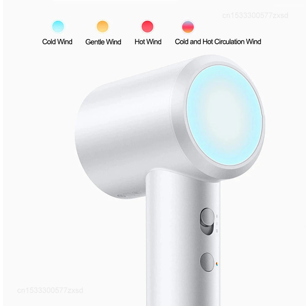 Mijia H501 white high-speed hair dryer with LED heat indicator, showing cold to hot wind settings for quick drying.