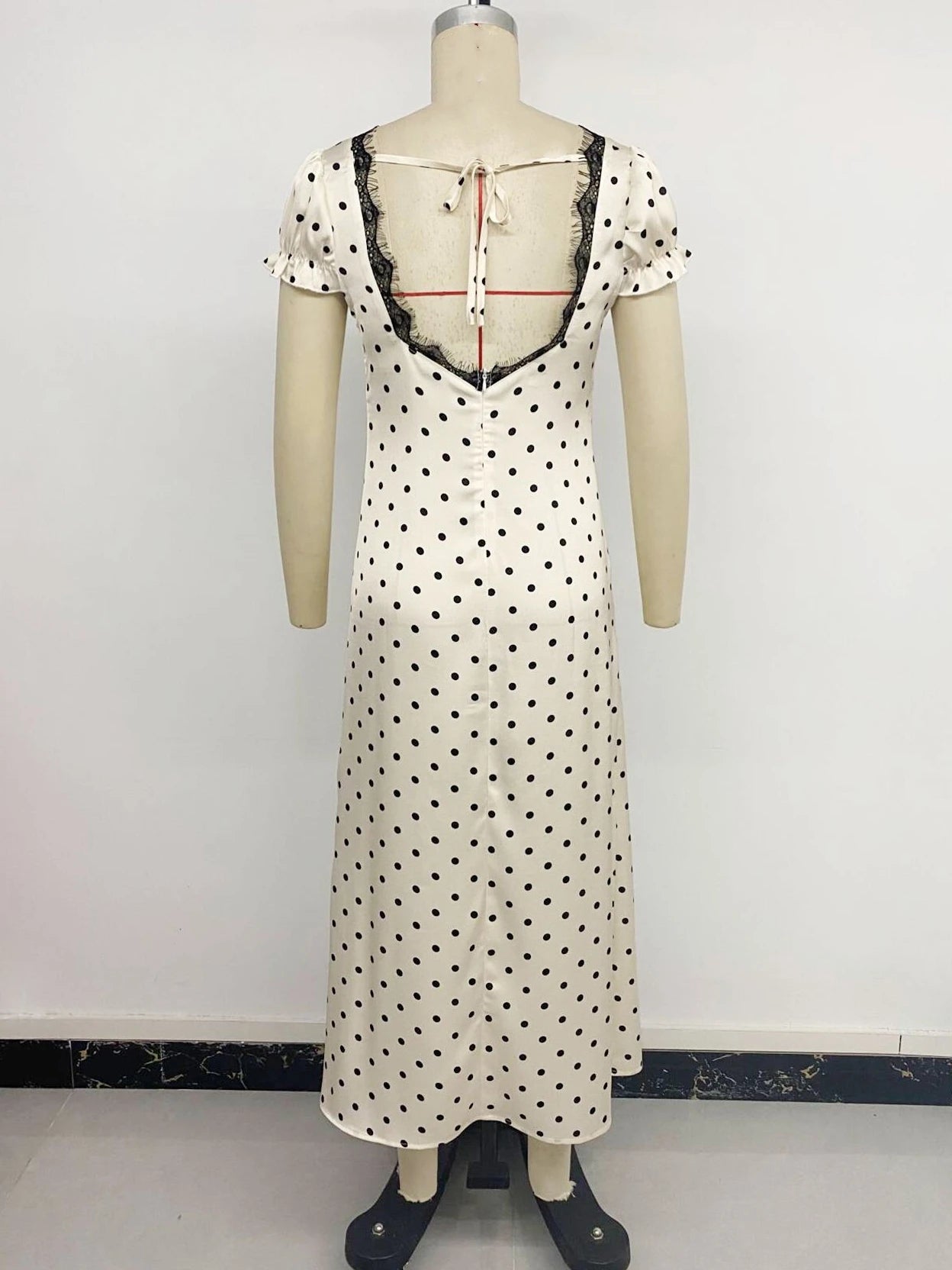 Elegant Dot Print Lace Backless Women Dress Fashion V-neck Puff Sleeve Bandage Maxi Dress 2026 Summer Female Party Holiday Dress