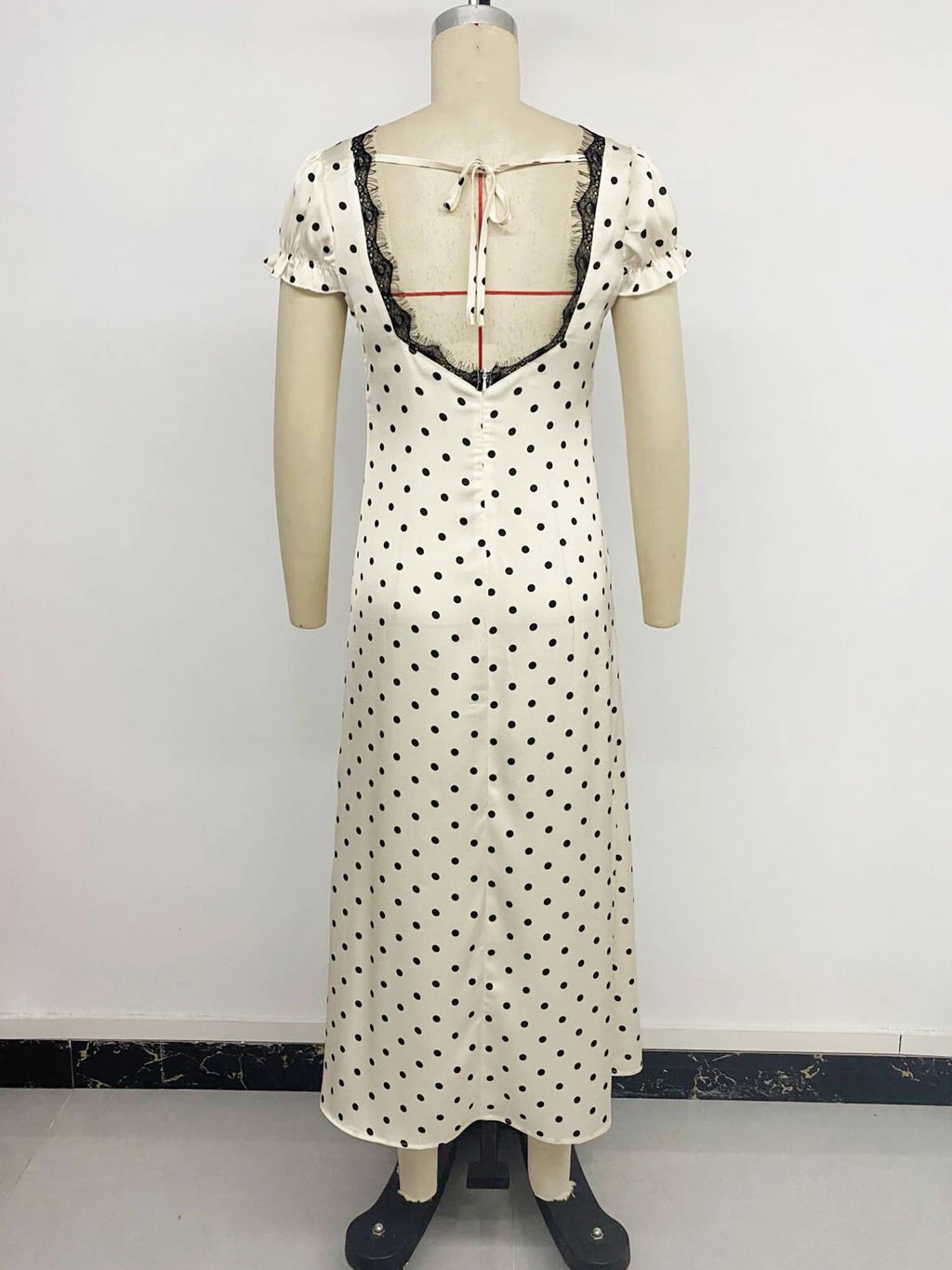 Elegant Dot Print Lace Backless Women Dress Fashion V-neck Puff Sleeve Bandage Maxi Dress 2026 Summer Female Party Holiday Dress