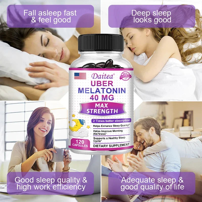 Daitea Melatonin Supplement 40mg Contains Vitamin C Theanine Extract Capsules to Promote Sleep Quality & Alertness Non-GMO