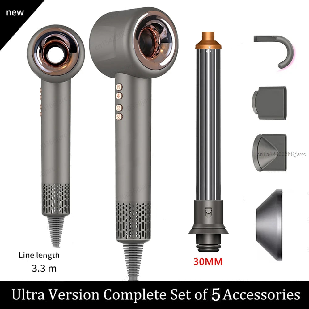 Grey leafless negative ion hair dryer set with 5 styling attachments and 3.3m cord for professional hair care.