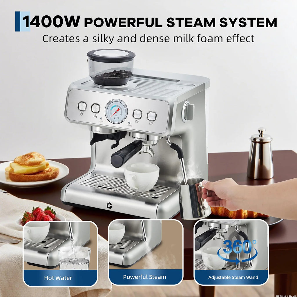 Silver espresso machine with 1400W steam system, integrated grinder, pressure gauge, and 360-degree milk frothing wand.