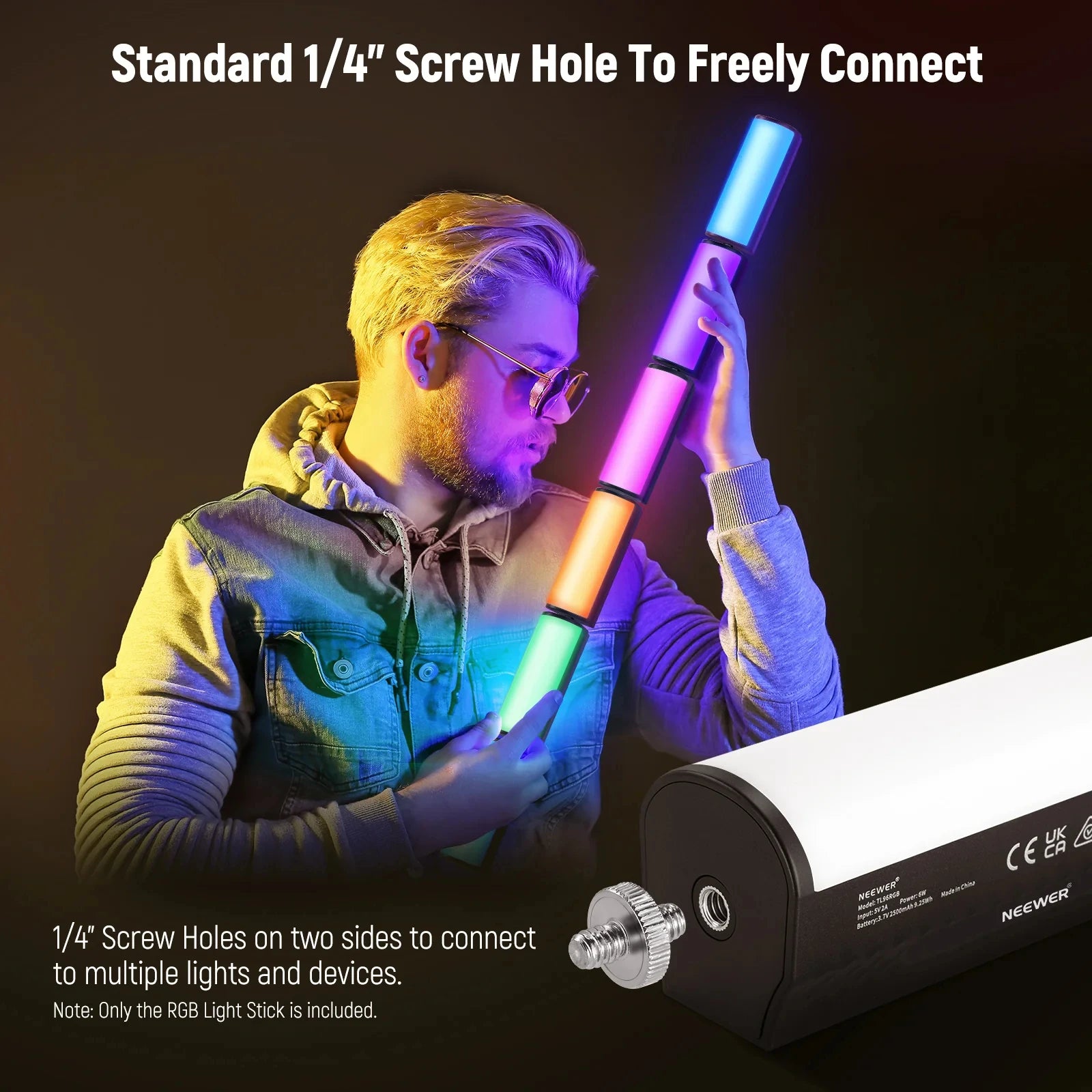 RGB light stick with 1/4-inch screw holes for modular mounting, featuring a rectangular shape and illuminated sections.