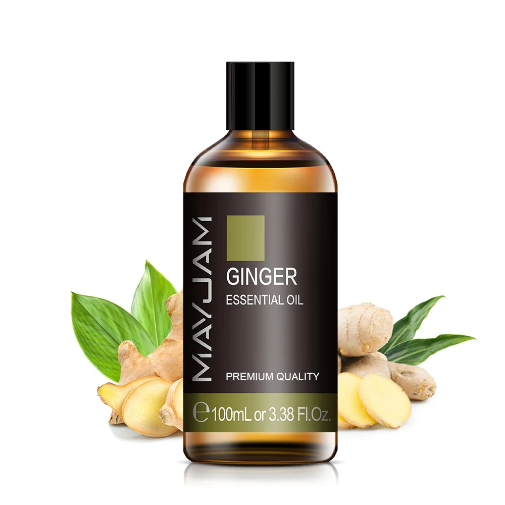 Ginger essential oil bottle, amber glass with black pump cap, 100ml label