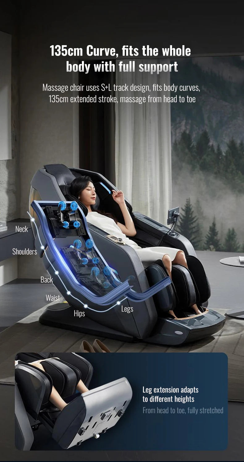 A modern dark grey, zero-gravity massage chair with a woman reclining, highlighting the internal S+L track mechanism.