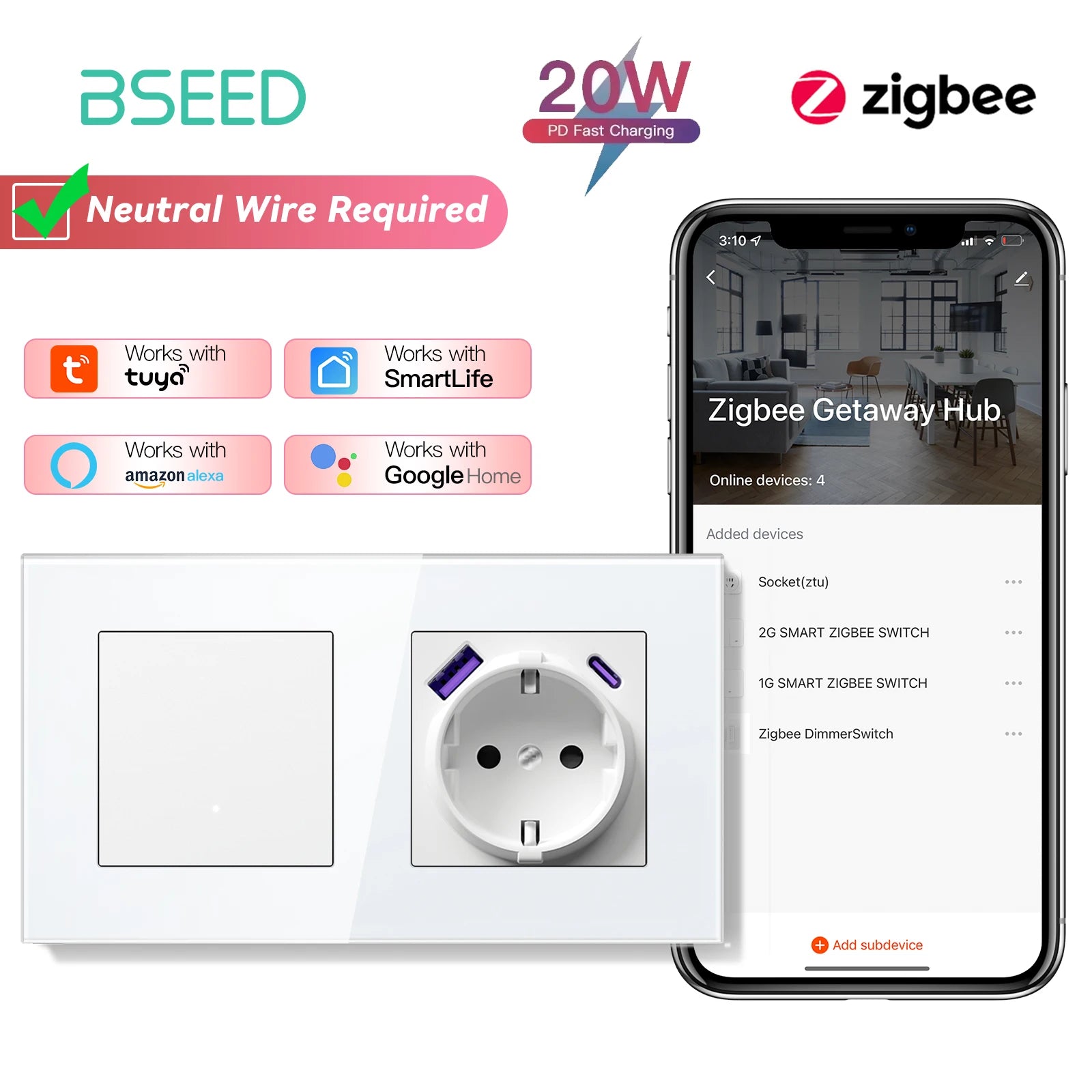 Zigbee Smart Light Switch with USB-C Port - EU Standard | Tidesmit 1G 20W AC Socket EU standard Tidesmit