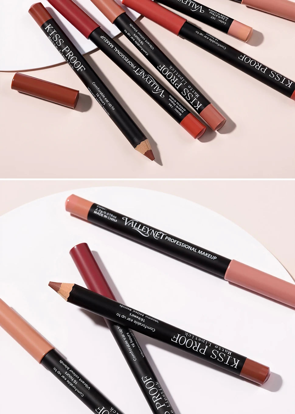 4-piece waterproof velvet matte lipstick pencil set in nude and brown shades for long-lasting lip makeup.