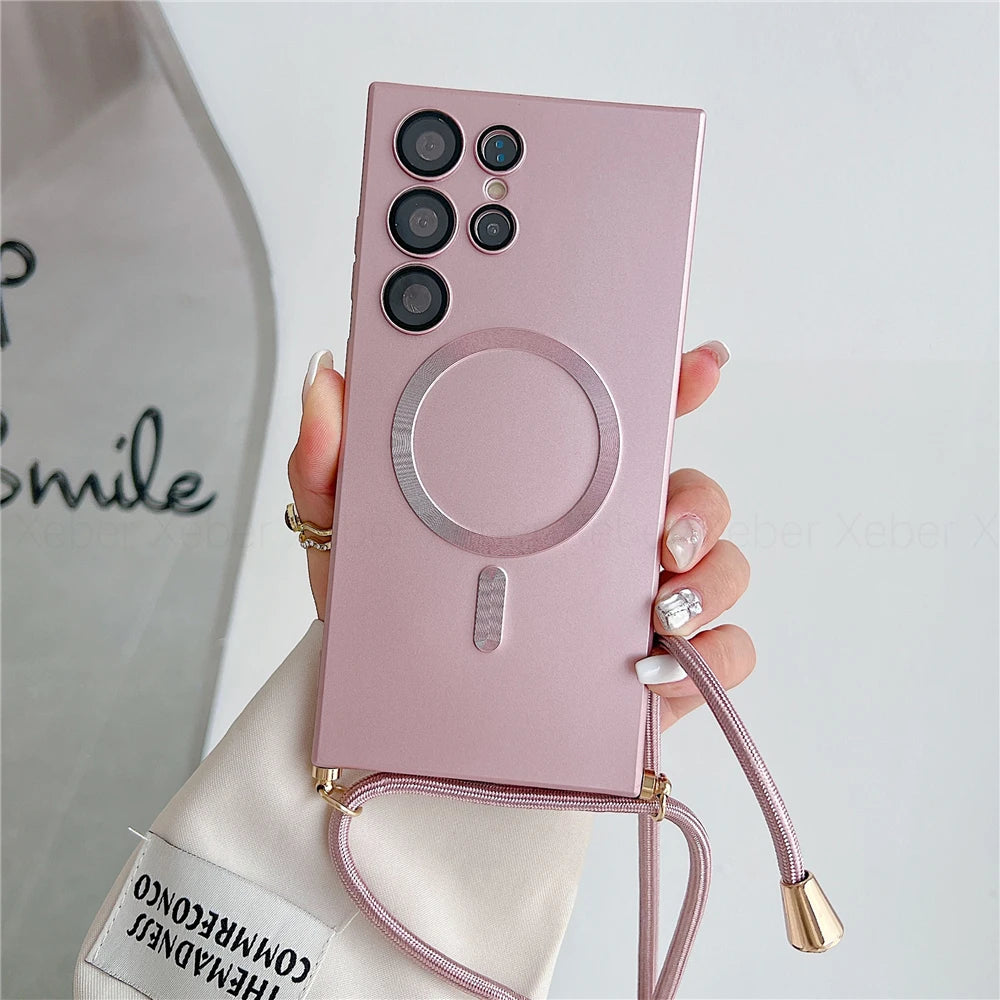 Samsung S25 Ultra Magnetic Case with Detachable Crossbody Lanyard Strap Pink Case & Strap Tidesmit
