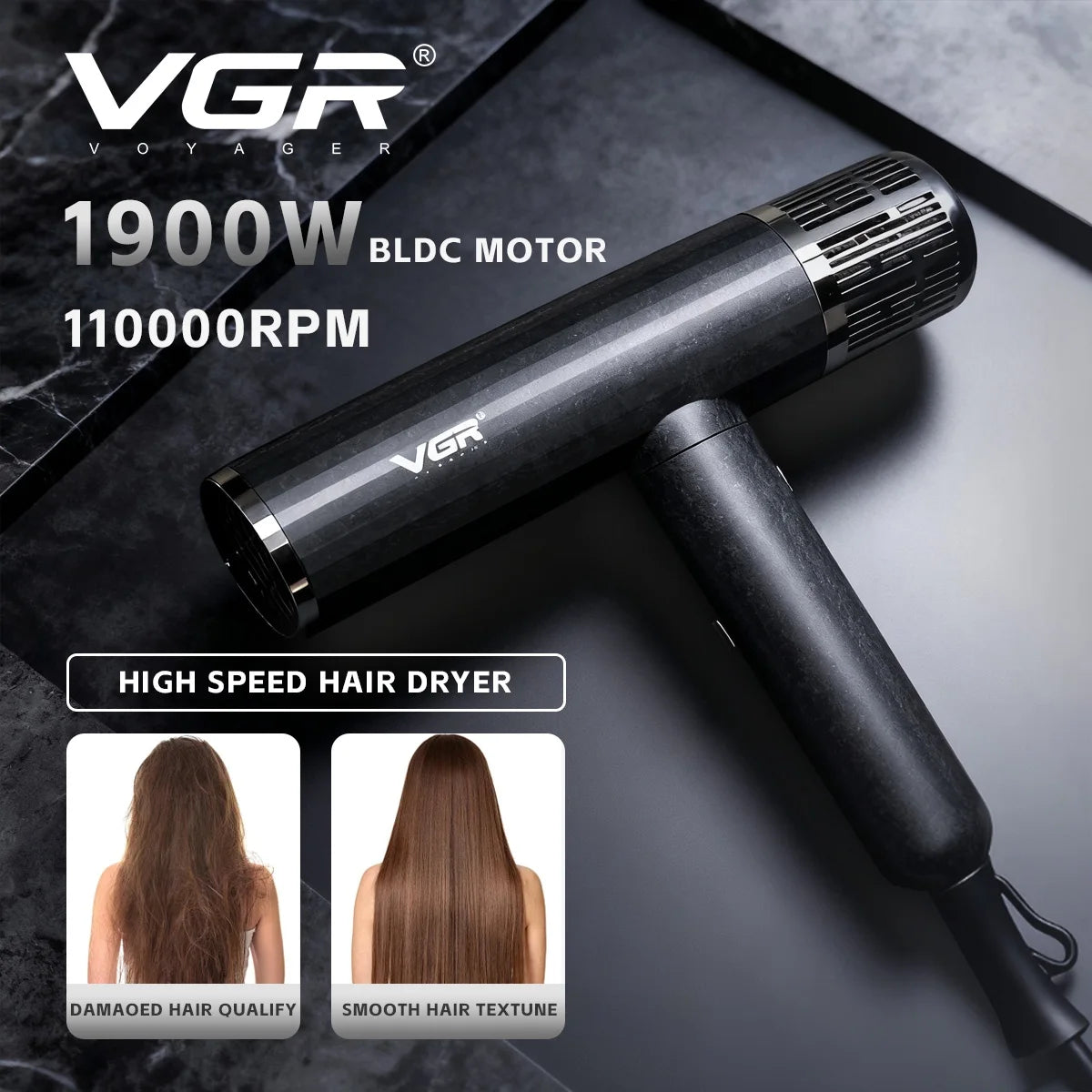 VGR V-401 1900W professional high-speed hair dryer with 110k RPM brushless motor in a sleek, black marble finish.