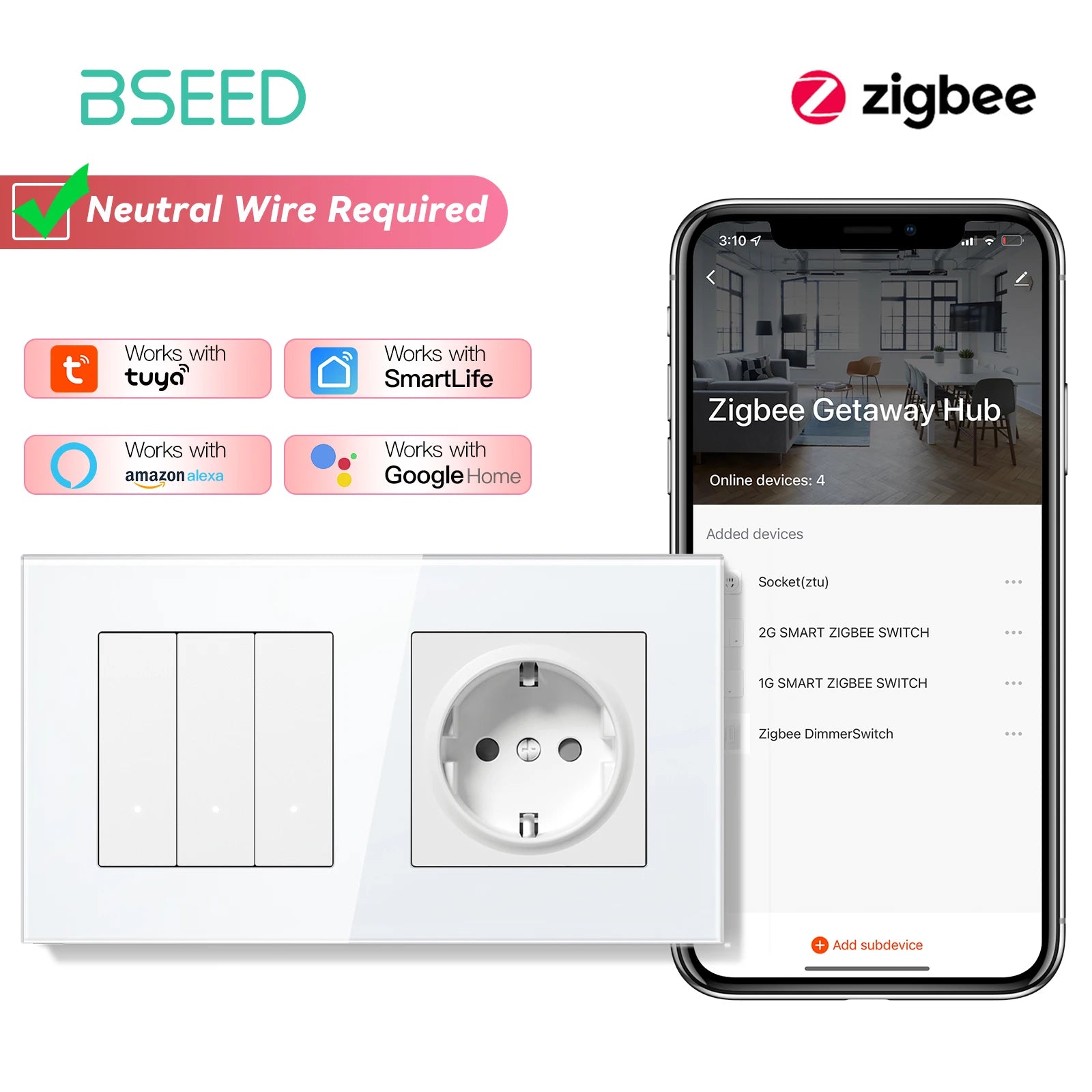 Zigbee Smart Light Switch with USB-C Port - EU Standard | Tidesmit 3Gang Socket EU standard Tidesmit