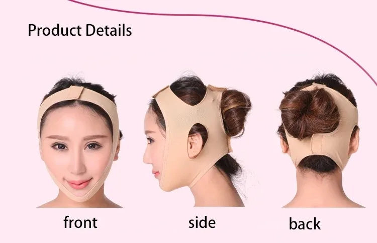 A beige, elastic V-line face slimming bandage shown from front, side, and back views on a woman's head.
