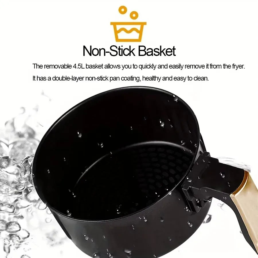 Air fryer with non-stick basket insert shown removed, black interior and cream base