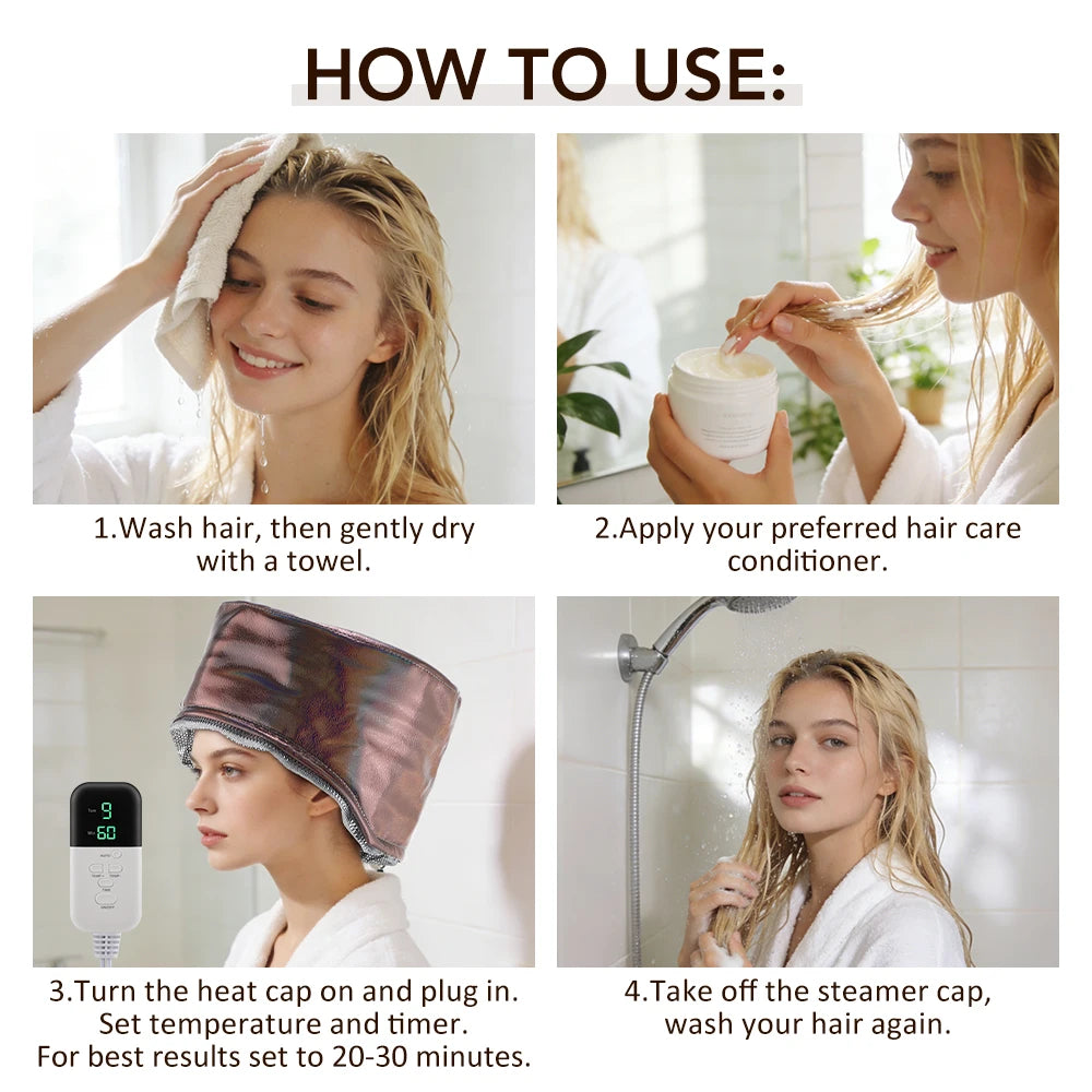 Metallic pink electric hair steamer cap with 9-level temp control for deep conditioning spa treatments at home.