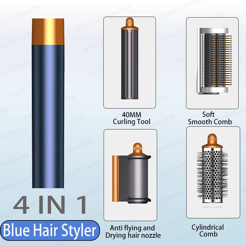 Blue 4-in-1 high-speed hair dryer styler with curling tool, smoothing brush, round brush, and anti-flyaway nozzle.