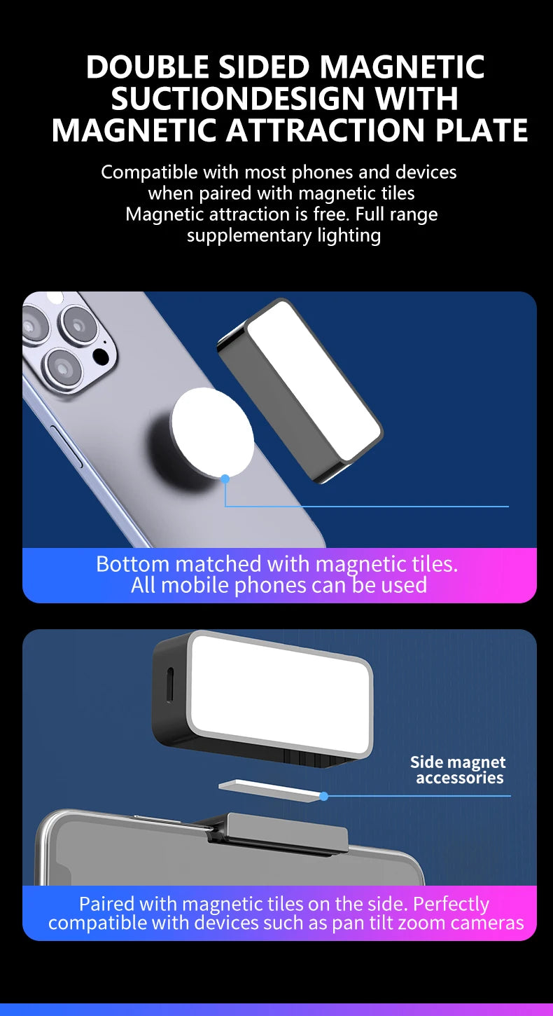 Rectangular magnetic LED fill light with a white diffuser panel, attaching to smartphones via magnetic adhesive tiles.