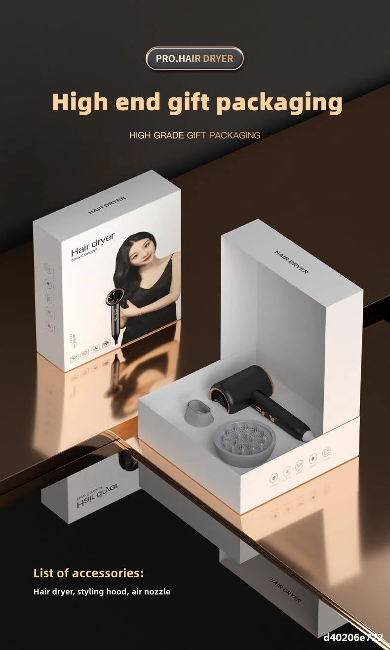 High-speed 2400W ionic hair dryer in luxury gift box with diffuser and nozzle attachments for professional salon styling.