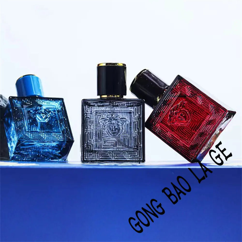 Gong Bao La Ge 3pc men's cologne set, 90ml square glass bottles with Medusa emblem, long-lasting masculine fragrance.