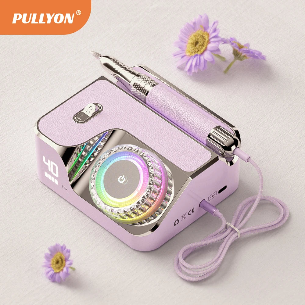 Luxury 40000RPM rechargeable purple nail drill with LED control dial for professional manicure and pedicure.
