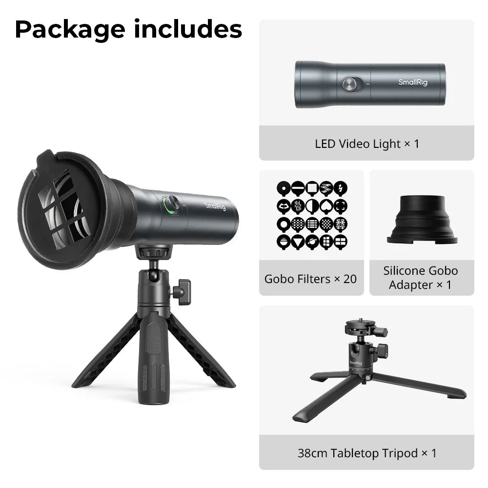 Portable LED video light set with 20 pattern gobo filters, silicone adapter, and a foldable black tabletop tripod.