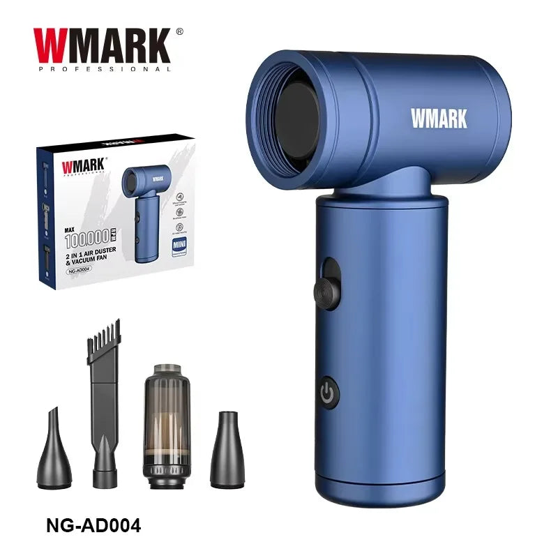 WMARK NG-AD004 blue cordless handheld vacuum and air duster for barbers with attachments and 100k RPM motor.