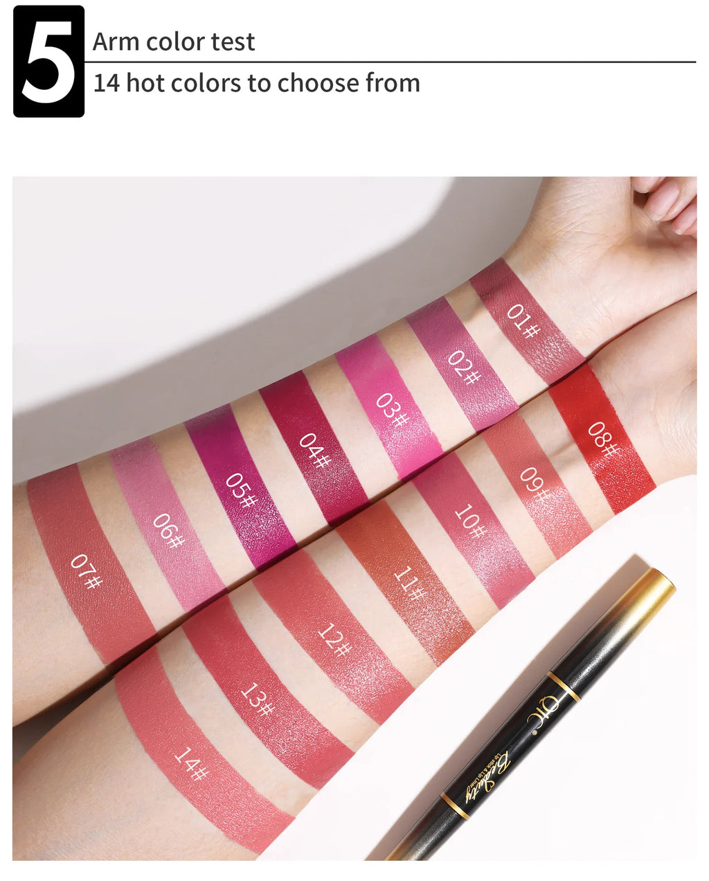 14 matte lipstick and lip liner shades swatched on arm, featuring waterproof, long-lasting nude and red lip makeup.