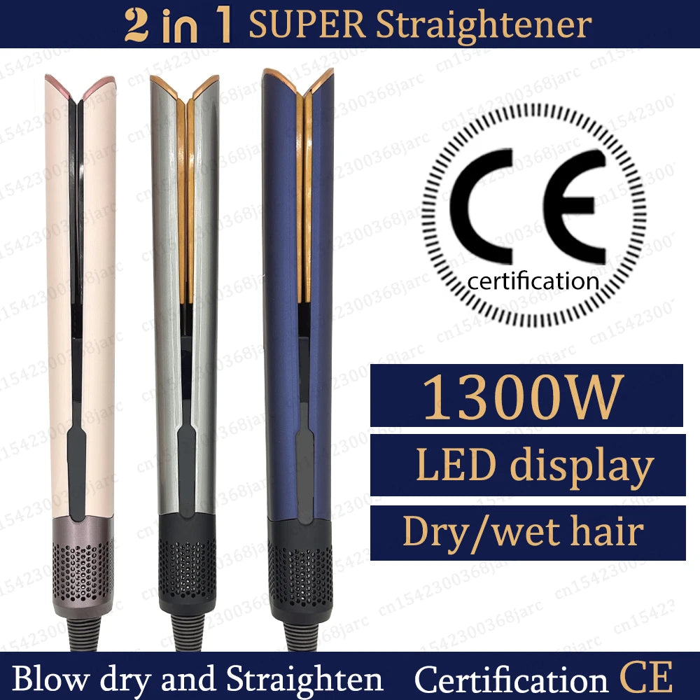 2-in-1 professional hair straightener and dryer with LED display in pink, silver, and blue, 1300W for wet/dry styling.