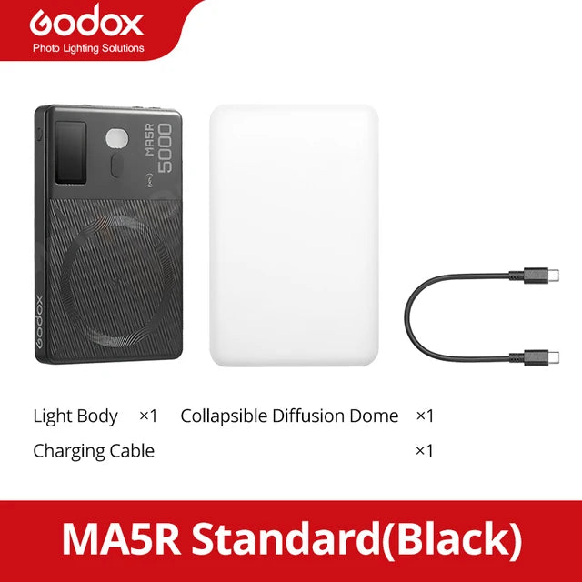 MA5R portable black LED light, white diffusion dome, and USB-C charging cable for photography and video lighting.