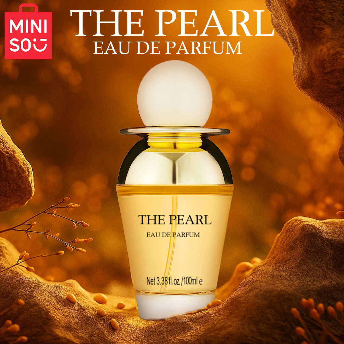 MINISO The Pearl 100ml Eau de Parfum for women, luxury floral fragrance in a unique pearl-topped glass bottle.
