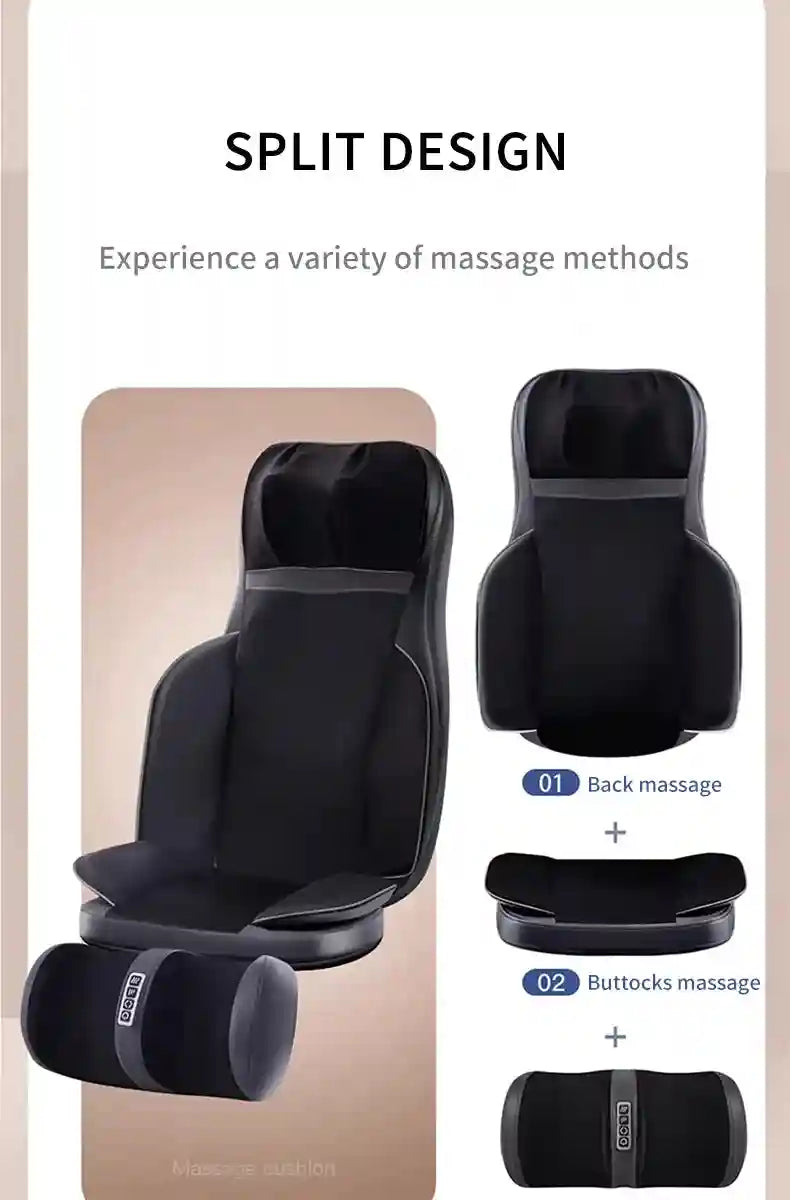 Black split-design massage chair pad featuring a separate backrest and seat cushion for full-body shiatsu massage.