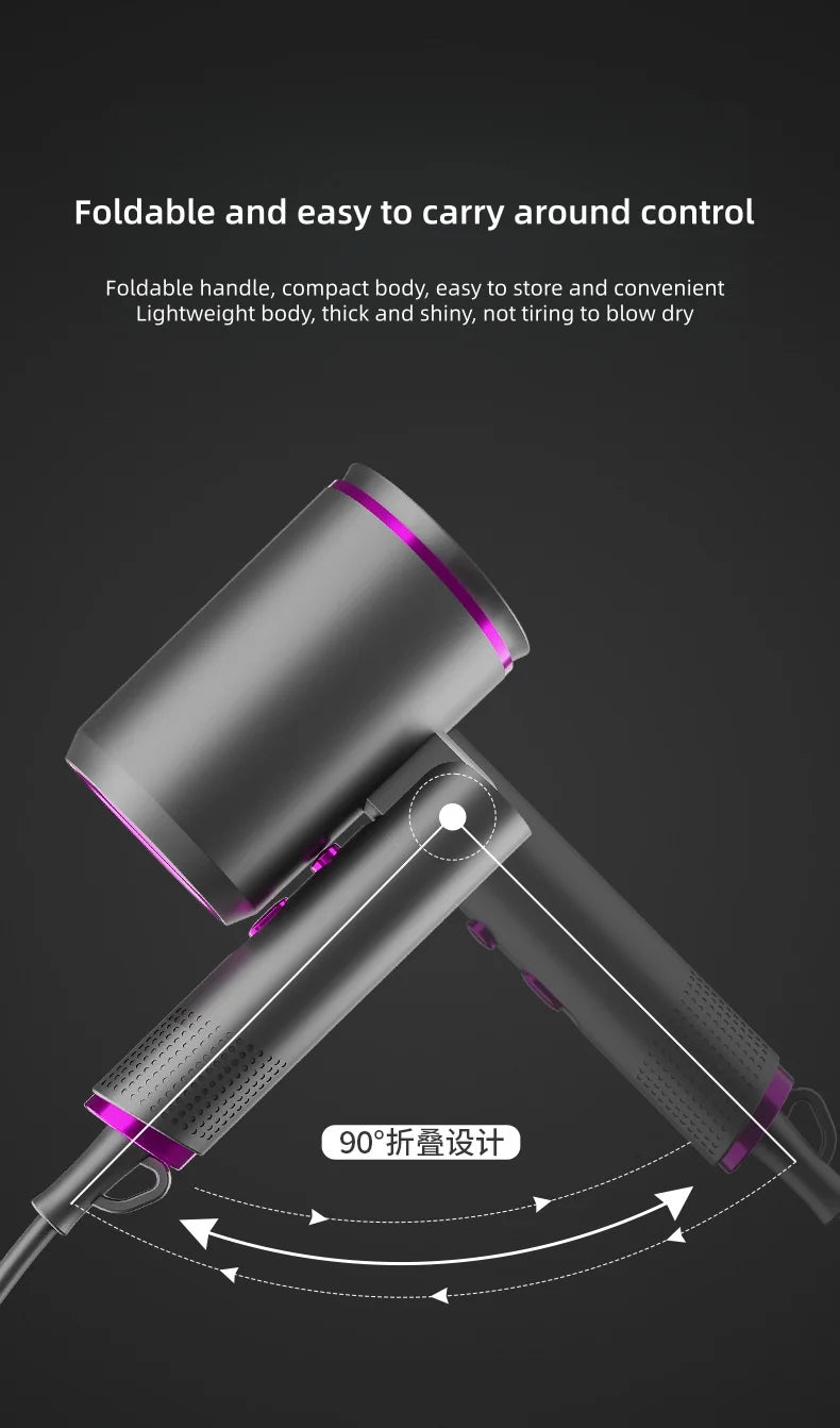 Grey foldable negative ion hair dryer with purple accents, featuring a compact, travel-friendly salon-style design.