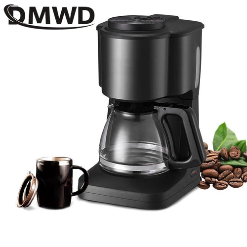 MWD black drip coffee maker with glass carafe, small kitchen appliance design with coffee beans and mug on side.