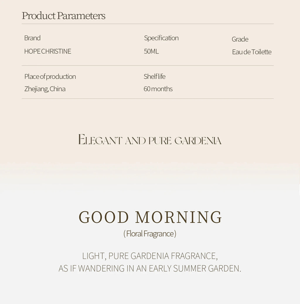 Hope Christine 50ml Pure Gardenia niche floral perfume, an elegant, fresh, daily scent in a minimal beige product card.